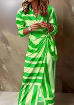 Green Women's Long Sleeve Wrap Midi Dress in Satin with Striped Print — Cora - Front Full Studio