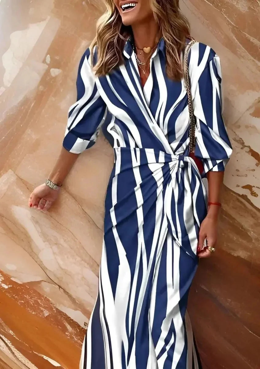 Green Women's Long Sleeve Wrap Midi Dress in Striped Satin