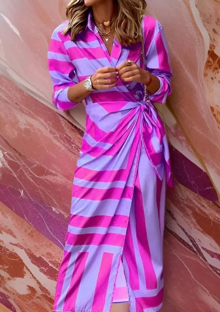 Navy Blue Women's Long Sleeve Wrap Midi Dress in Striped Satin