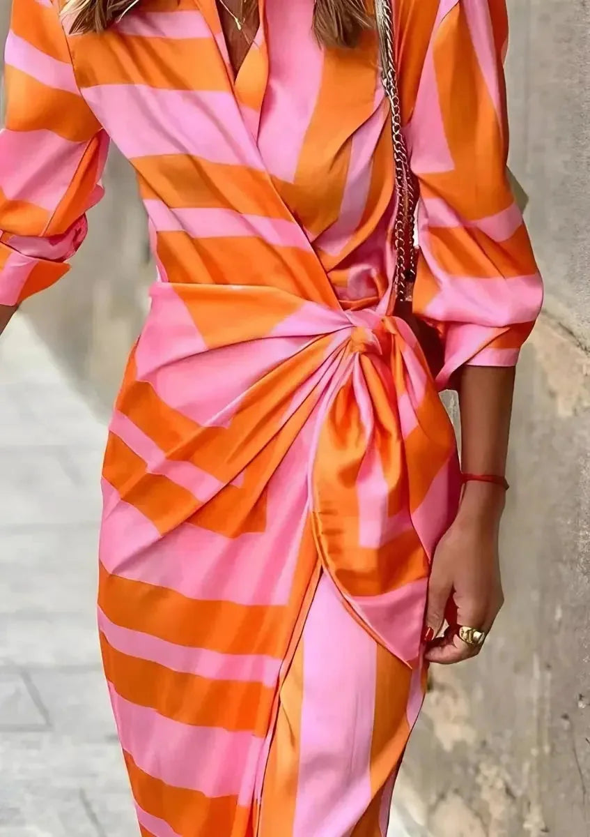 Orange Women's Long Sleeve Wrap Midi Dress in Satin with Striped Print — Cora - Pink Close Up Waist Tie