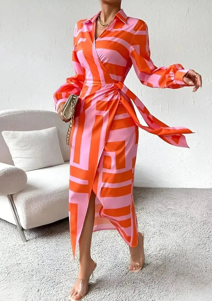 Orange Women's Long Sleeve Wrap Midi Dress in Satin with Striped Print — Cora - Pink Full Body Walking