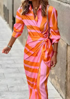 Orange Women's Long Sleeve Wrap Midi Dress in Satin with Striped Print — Cora - Pink Outdoor Walking