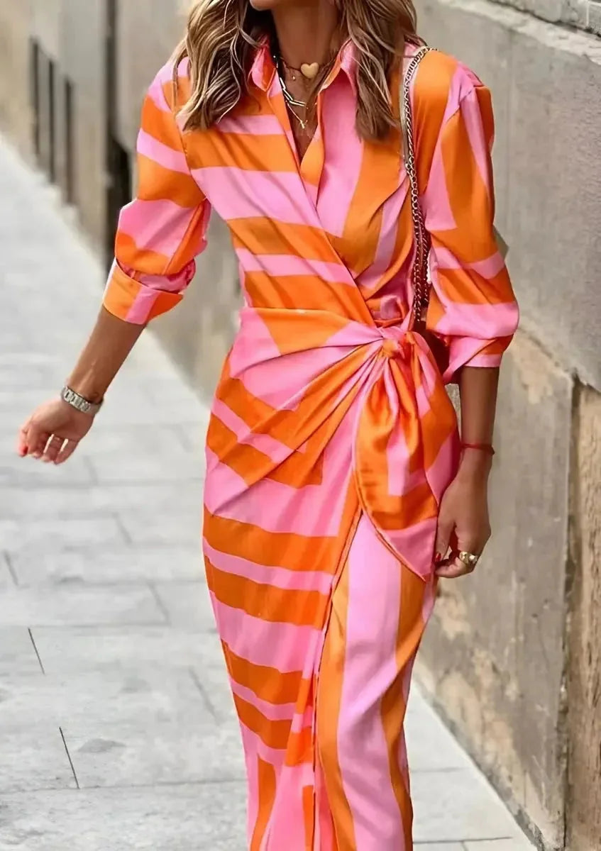 Orange Women's Long Sleeve Wrap Midi Dress in Satin with Striped Print — Cora - Pink Outdoor Walking