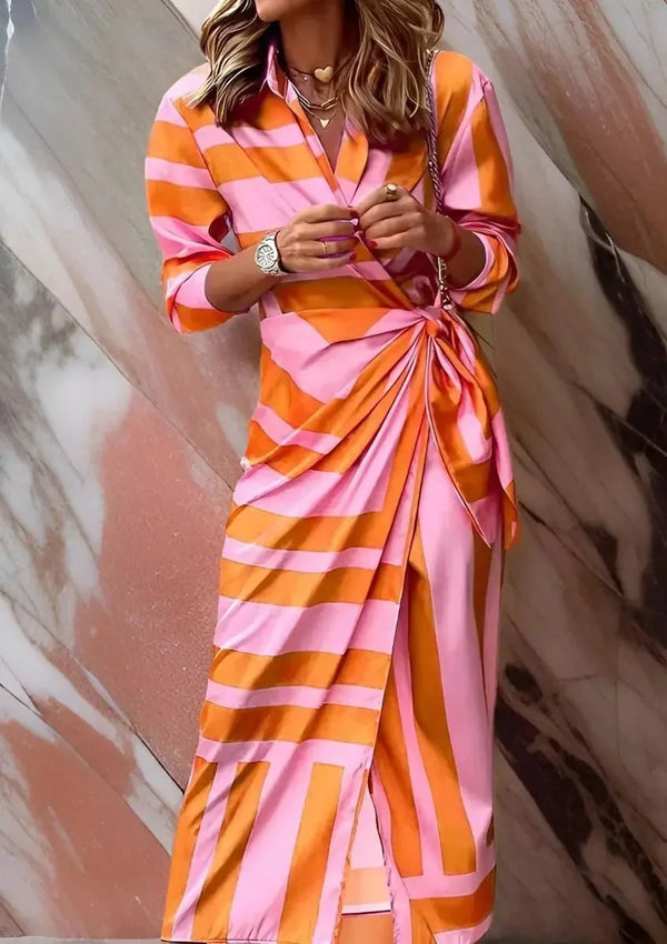 Women's Long Sleeve Wrap Midi Dress in Striped Satin — Solange