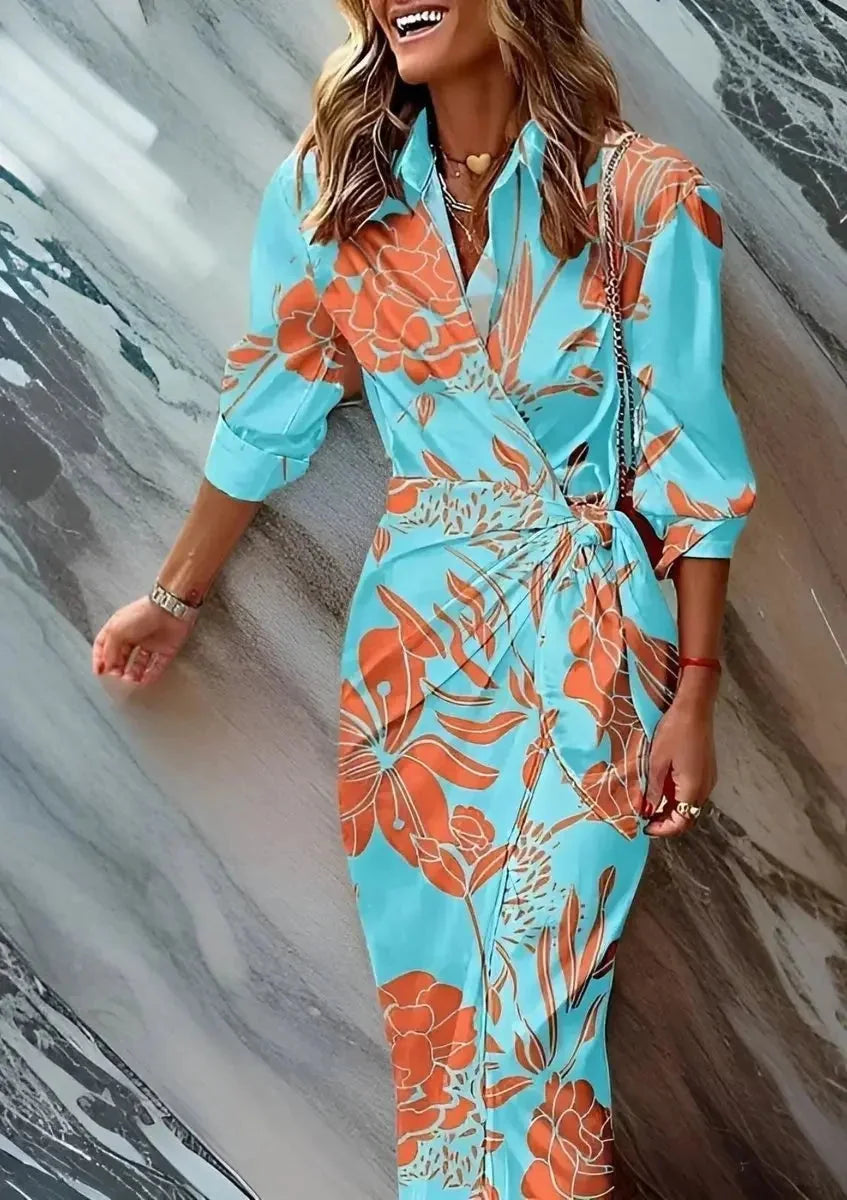 Purple Women's Long Sleeve Wrap Midi Dress in Satin with Striped Print — Cora